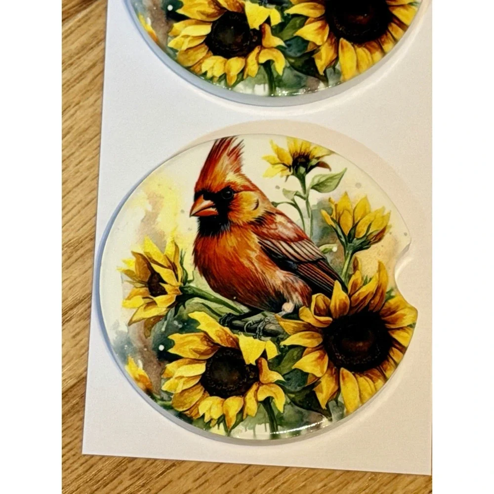 Set Of 2 Custom Made Ceramic Car Coasters Cardinal And sunflowers